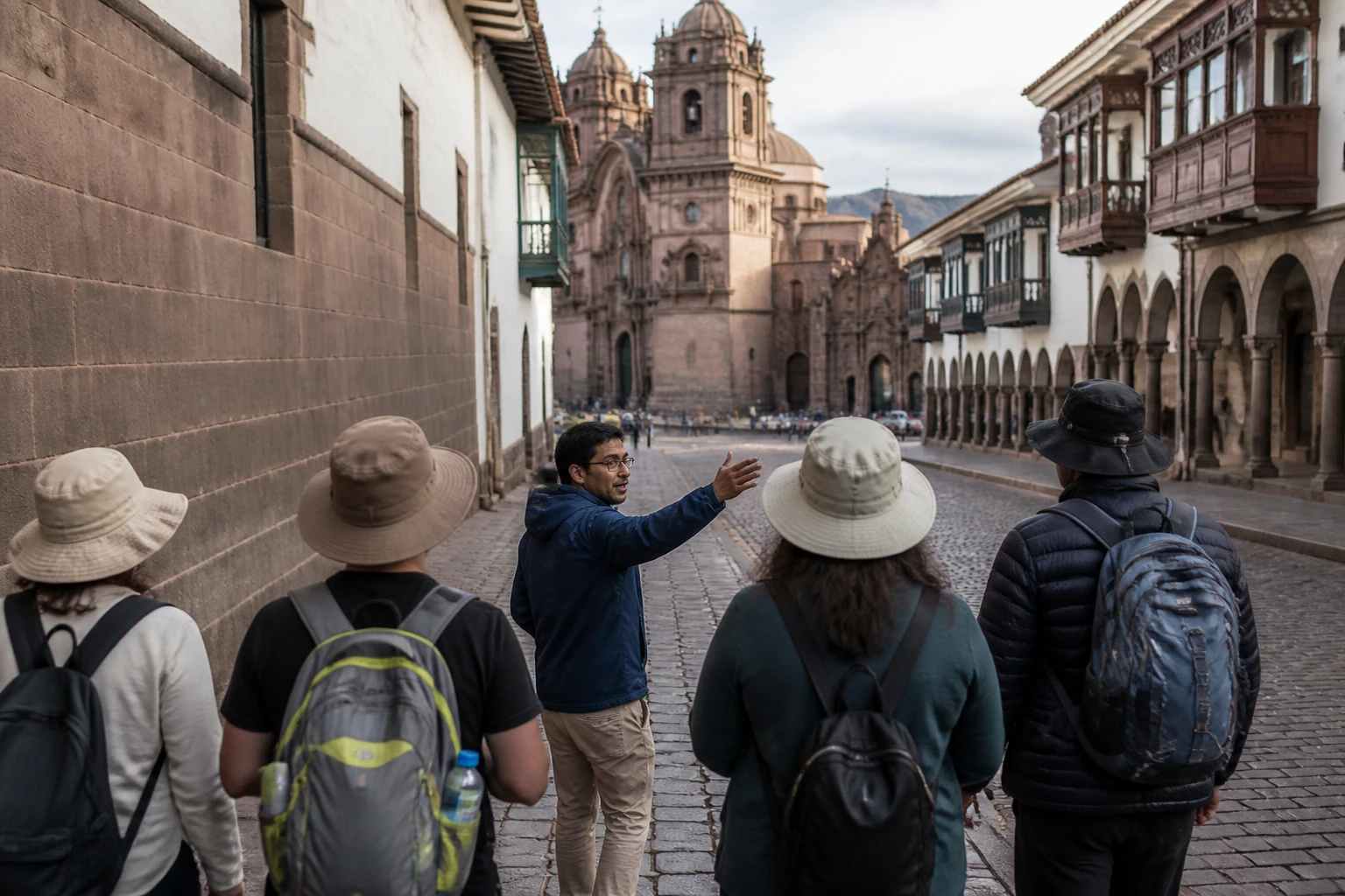 Guide leading visitors along a walking route in central Cusco