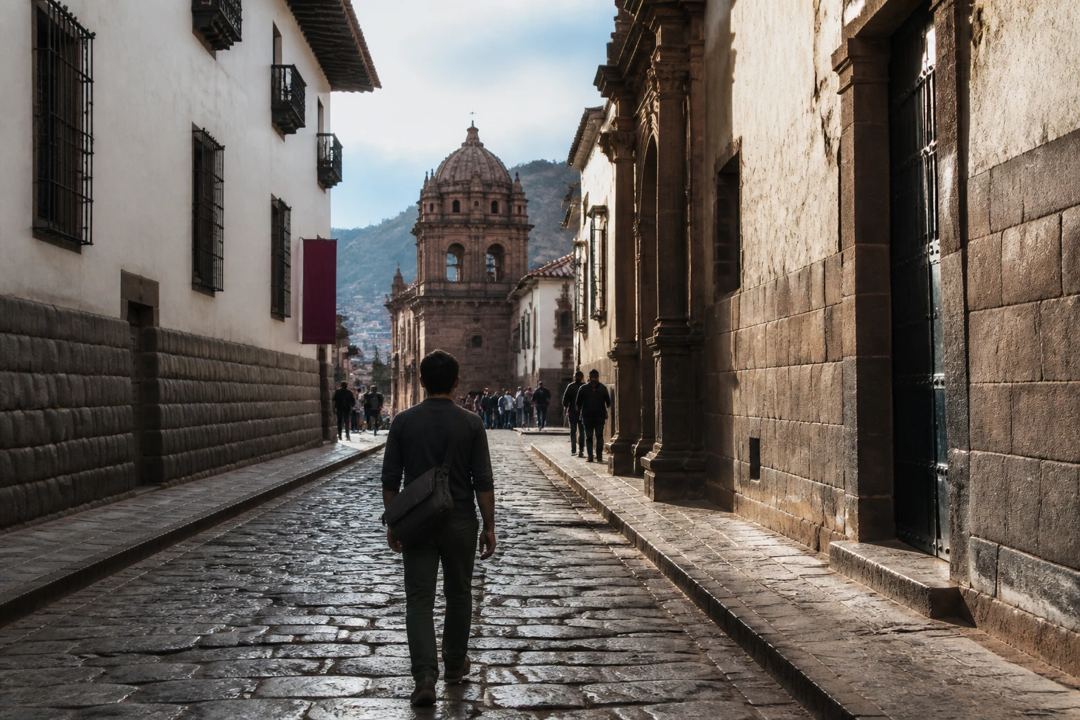Traveler walking on a stone street in Cusco