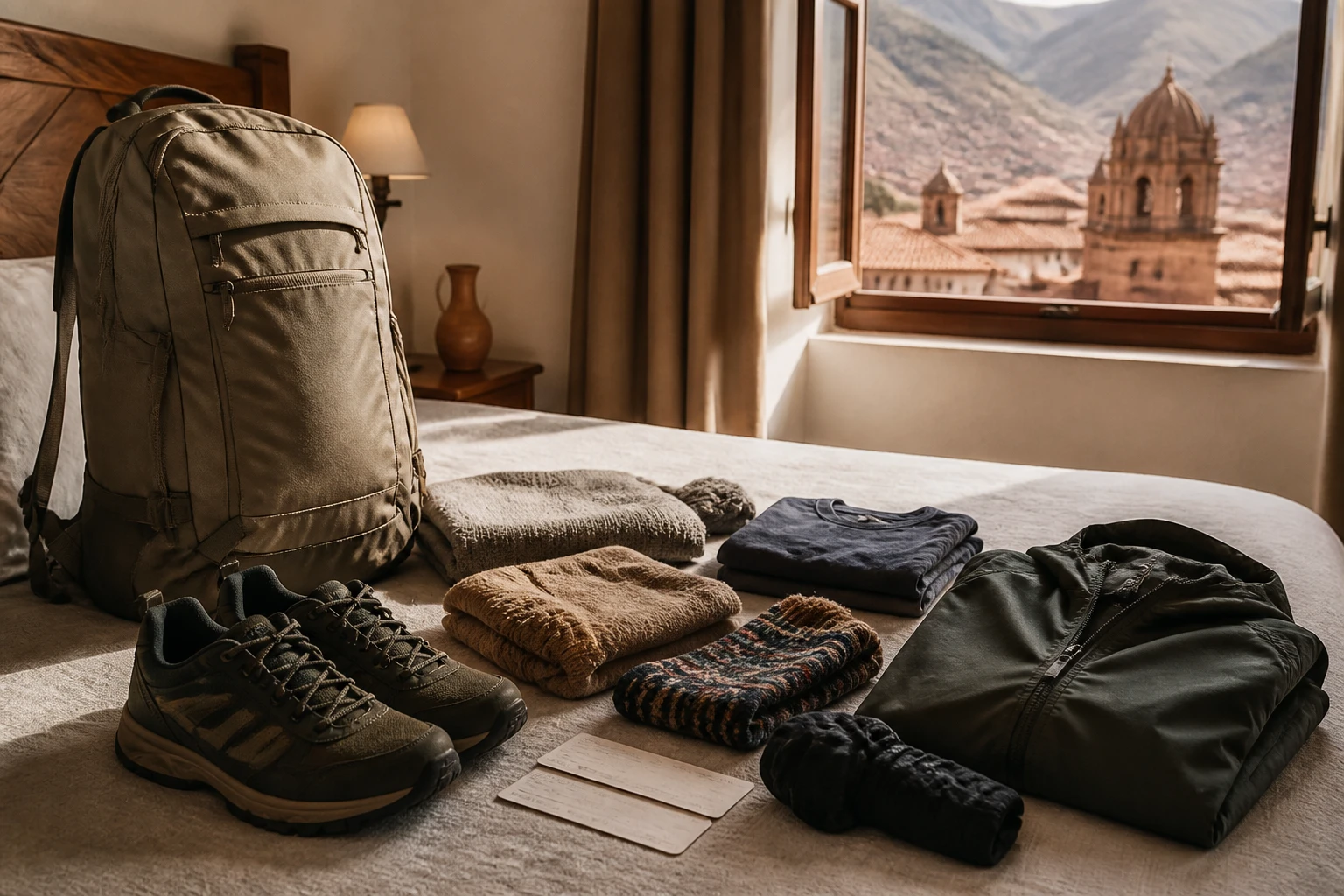 Travel layers and day bag prepared for a Cusco winter trip