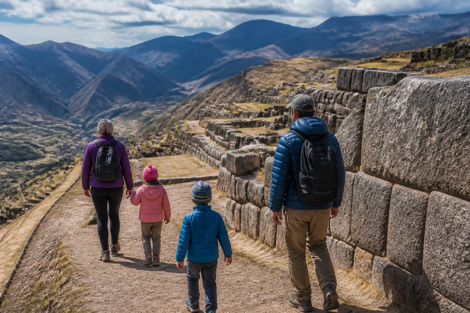Family taking a carefully paced archaeological outing near Cusco
