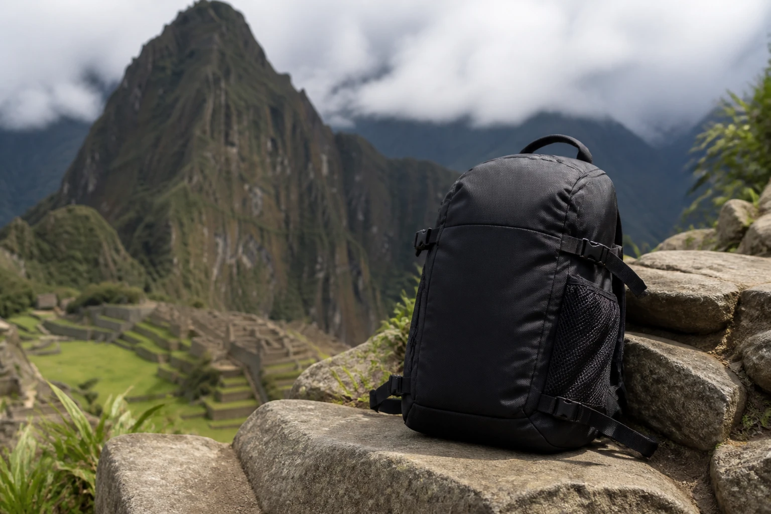 Compact backpack prepared for Machu Picchu visitor rules