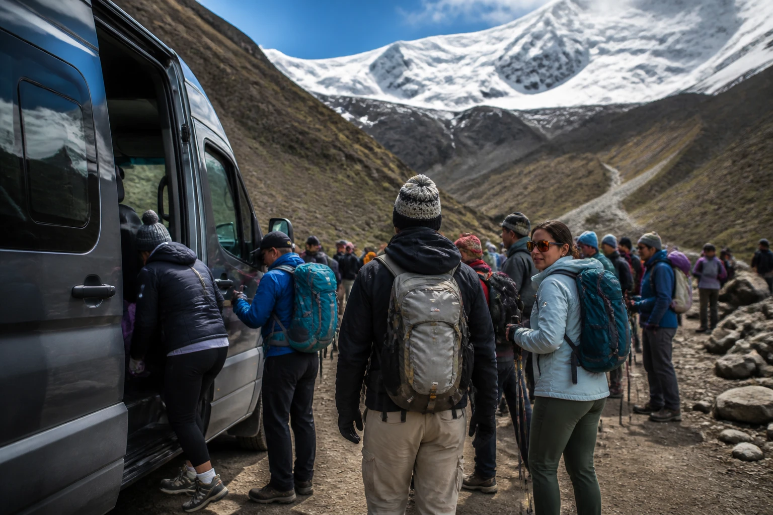 Travelers preparing for a mountain excursion near Soraypampa