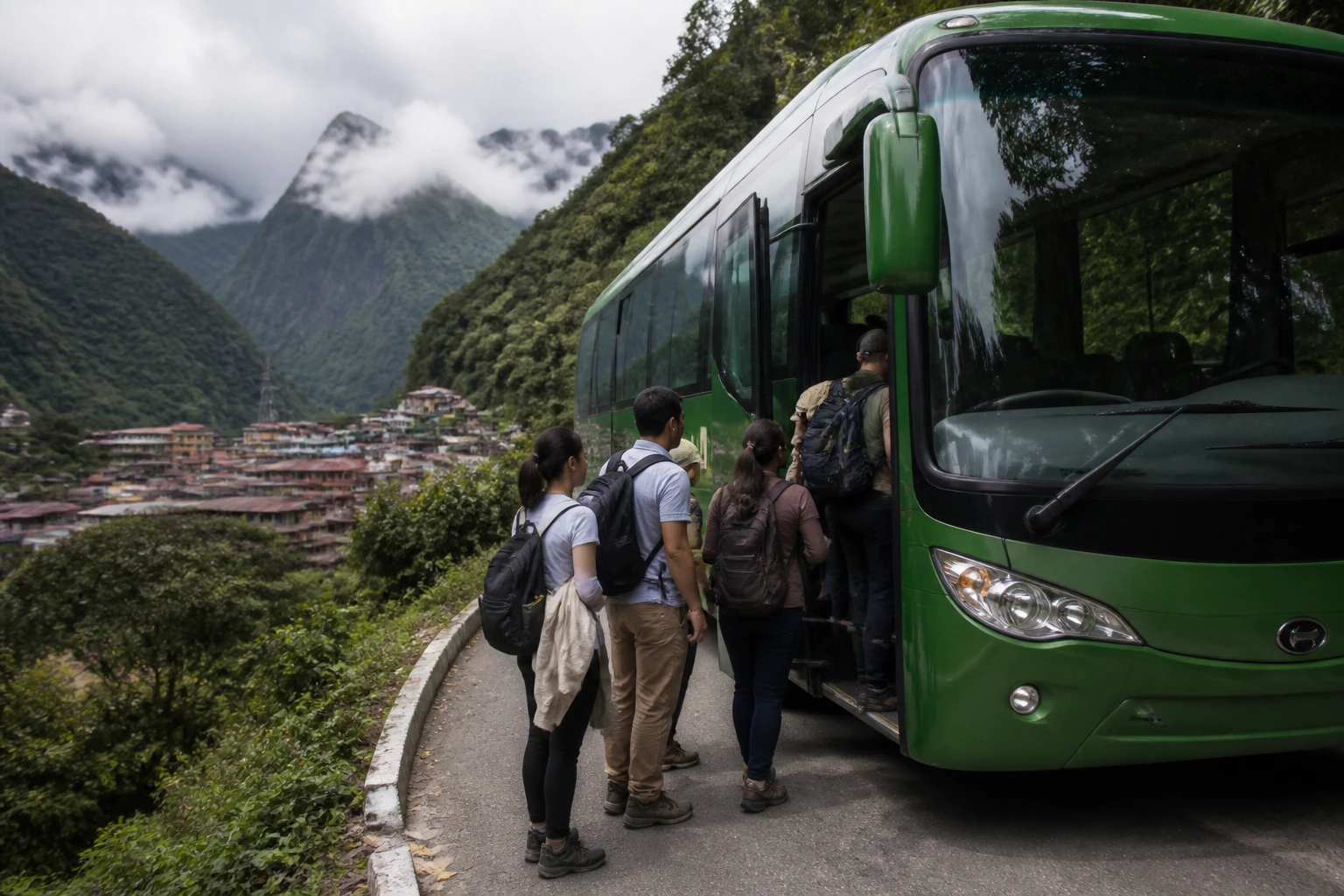 Shuttle bus for the final journey from Machu Picchu Pueblo toward the citadel.
