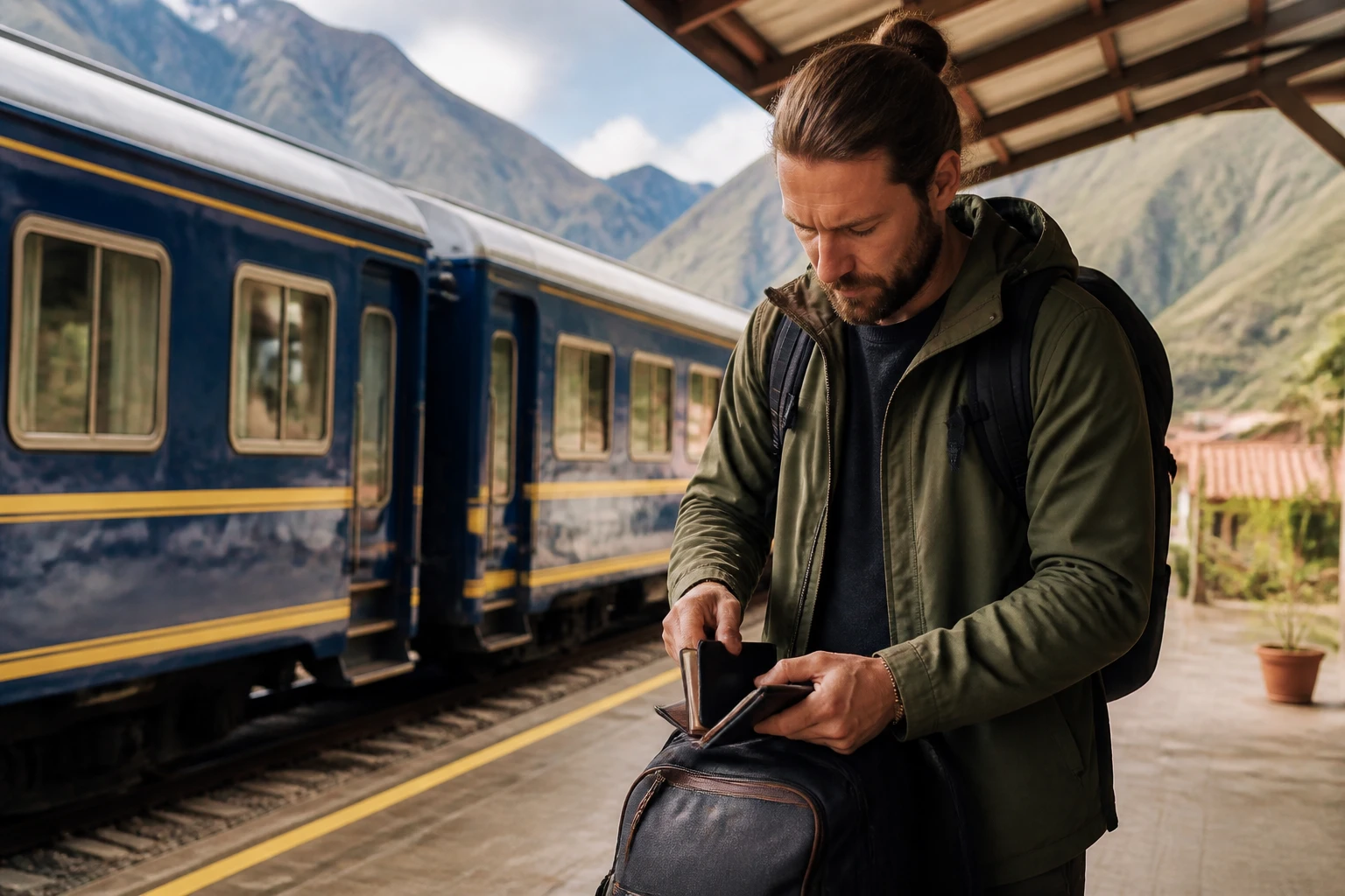 Traveler preparing documents and a small daypack before a Machu Picchu train journey.