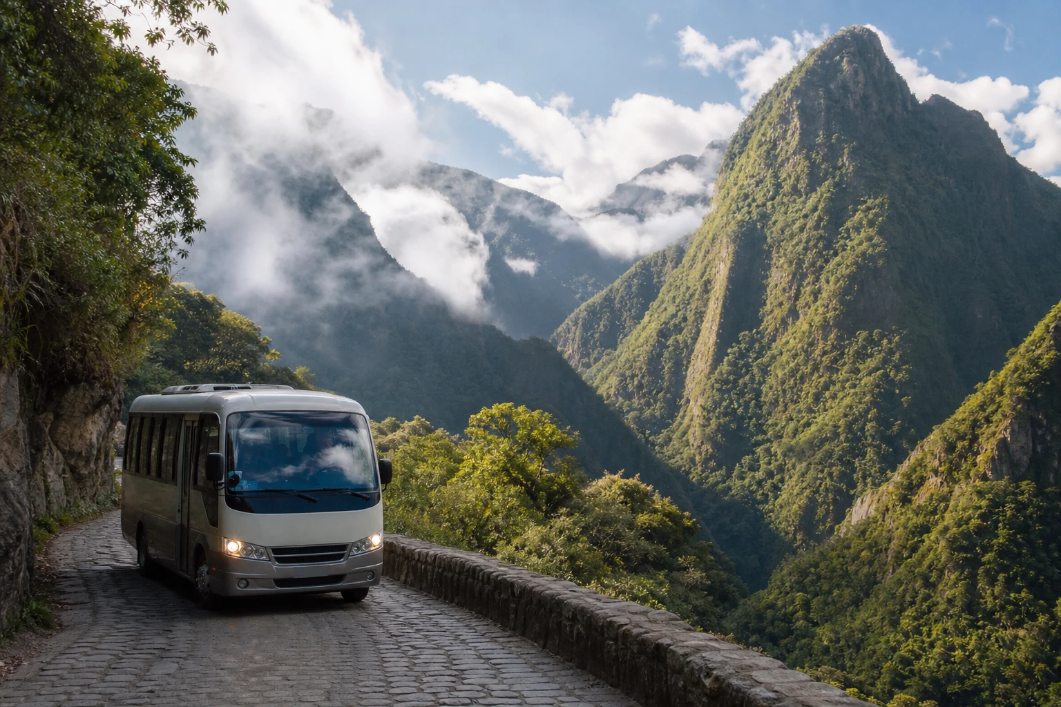 Passenger bus in green Andean mountain scenery near Machu Picchu