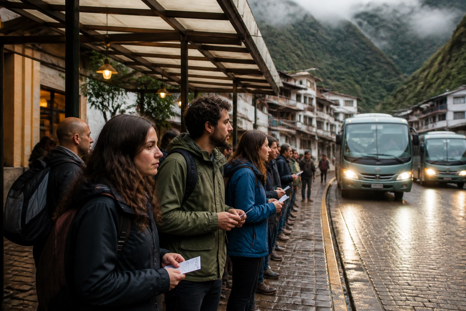 Travelers preparing for transport in Aguas Calientes