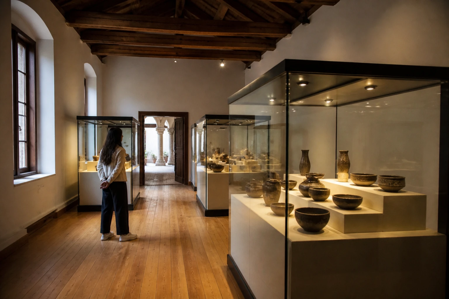 Visitor exploring a Cusco archaeological museum