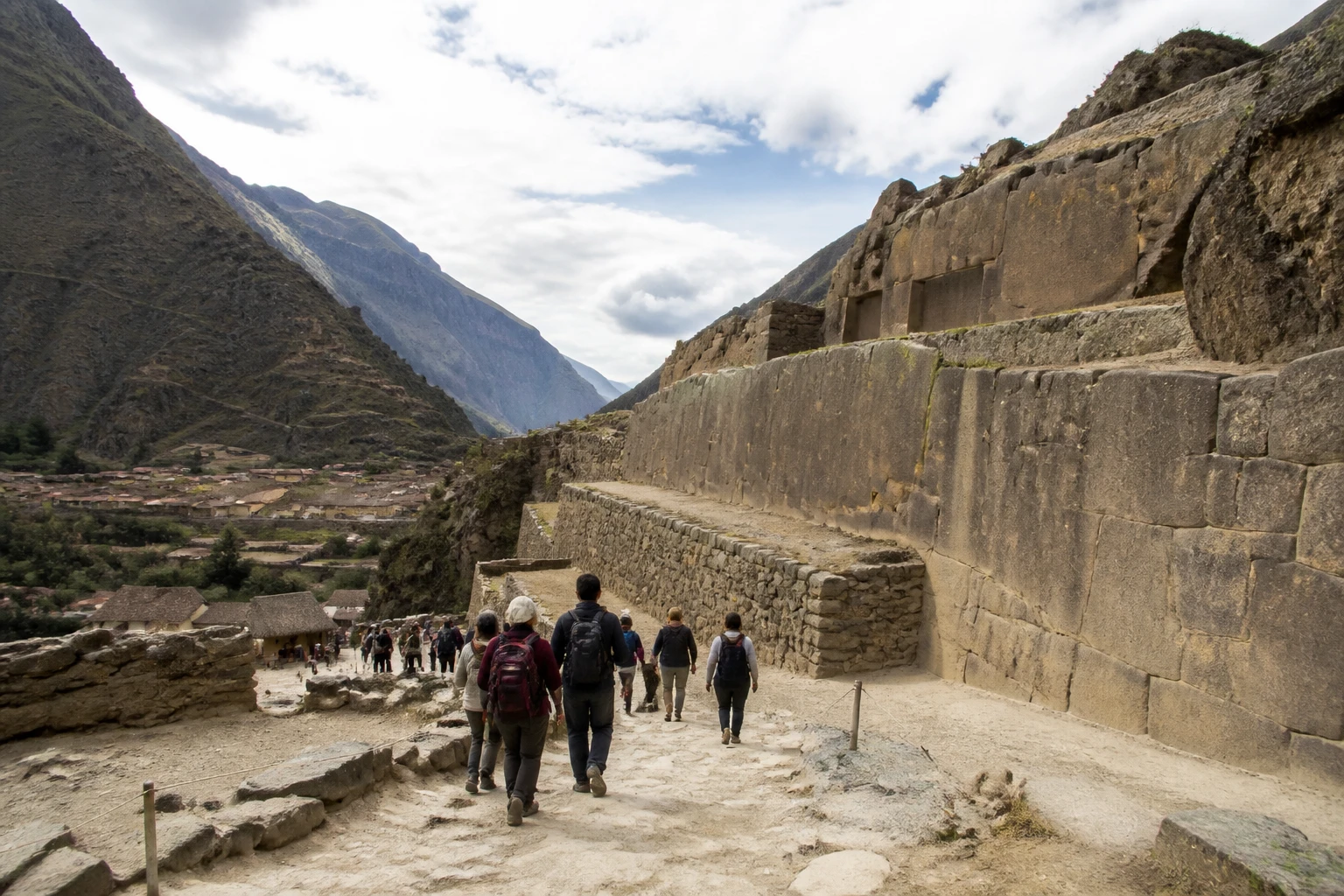 Visitors exploring the archaeological park at Ollantaytambo