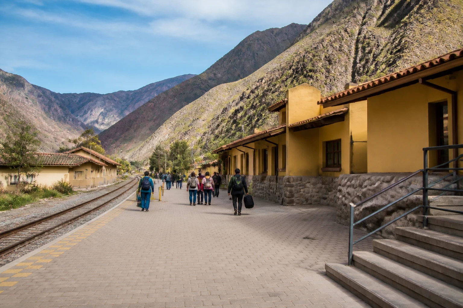 Travelers approaching the rail station area in Ollantaytambo