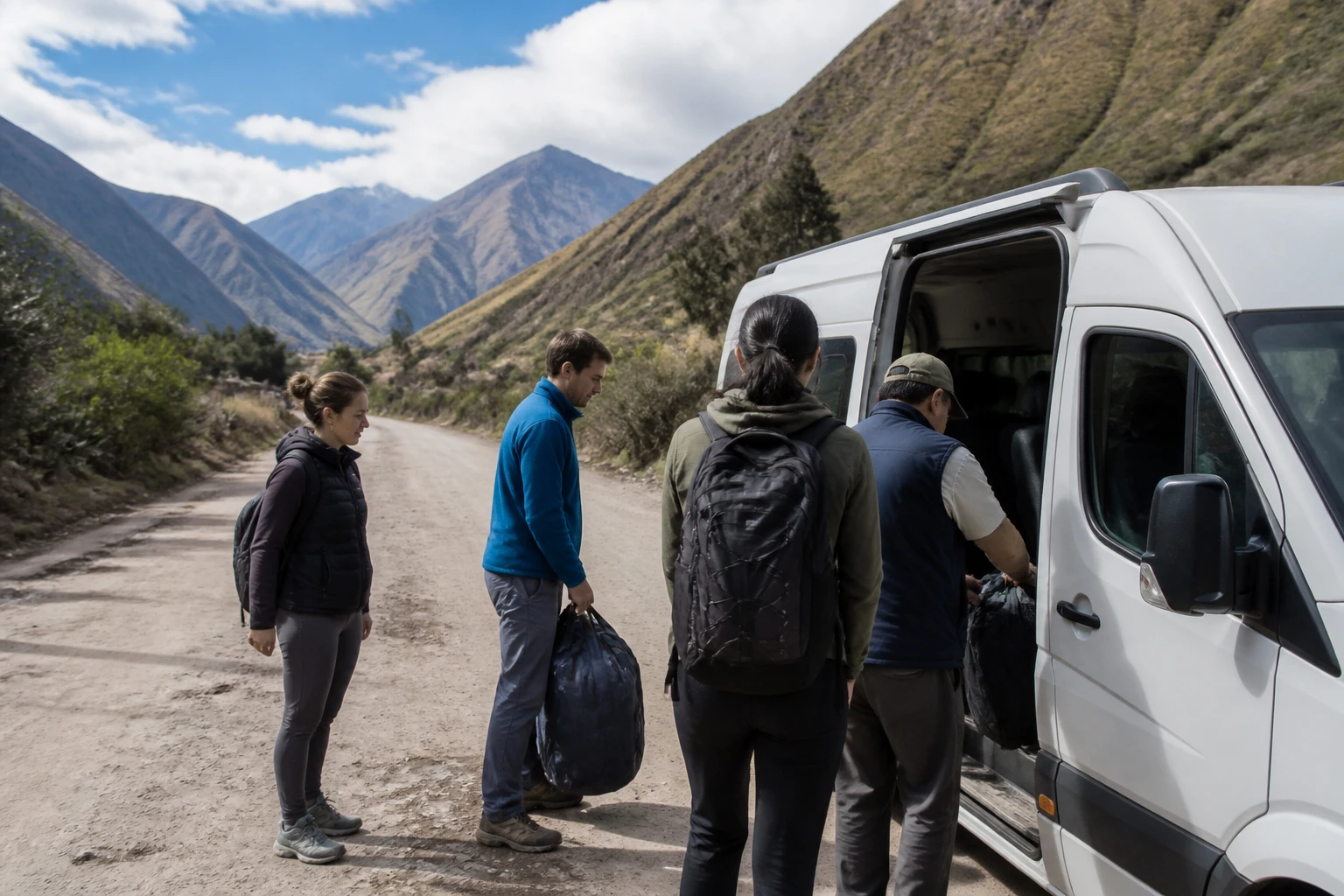 Travelers preparing for a daytime Sacred Valley road transfer