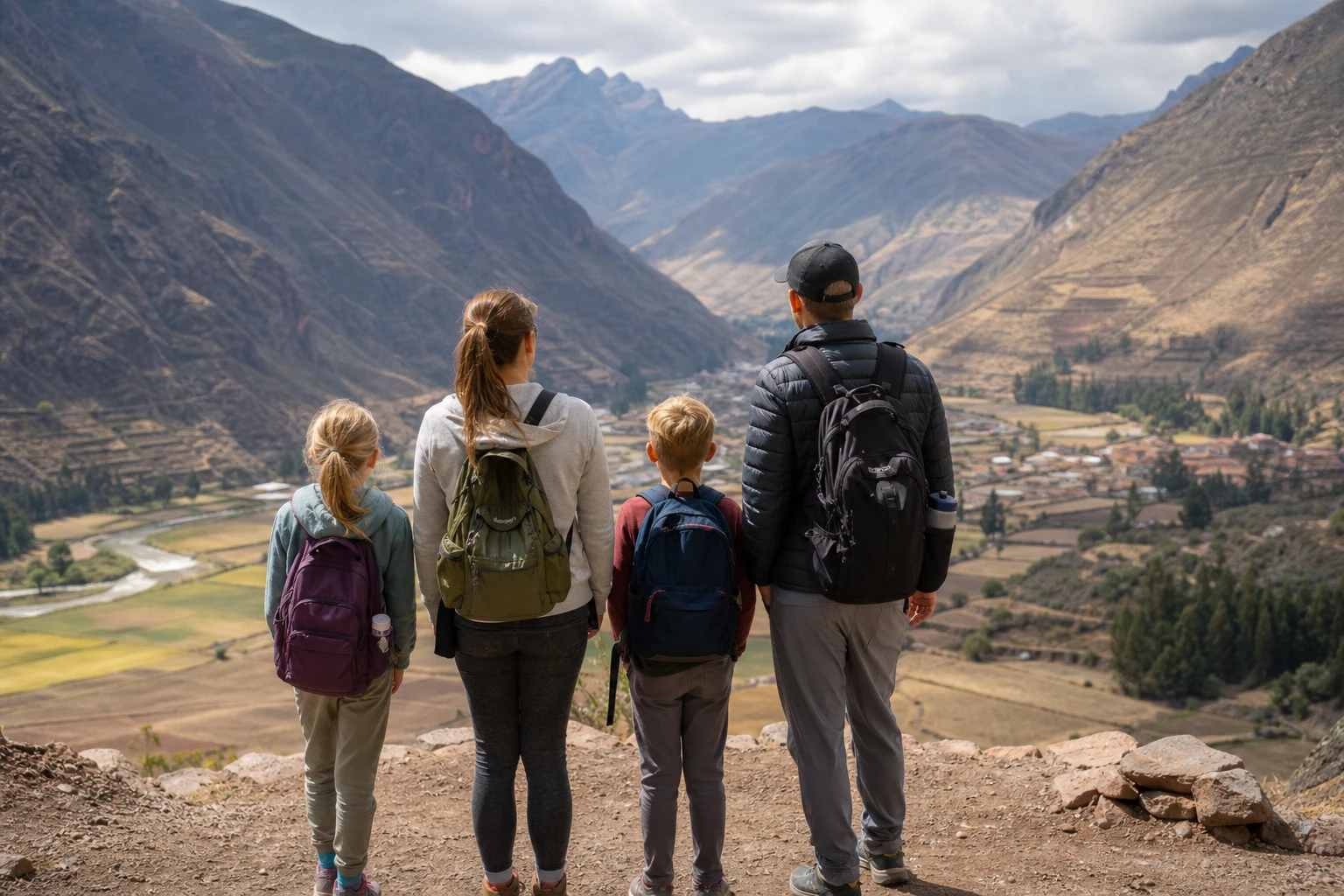 A family looking across the Sacred Valley during a day of sightseeing