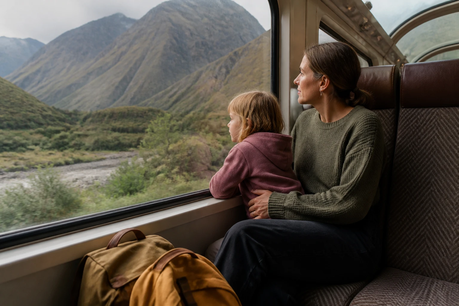 A parent and child traveling by train with light day bags