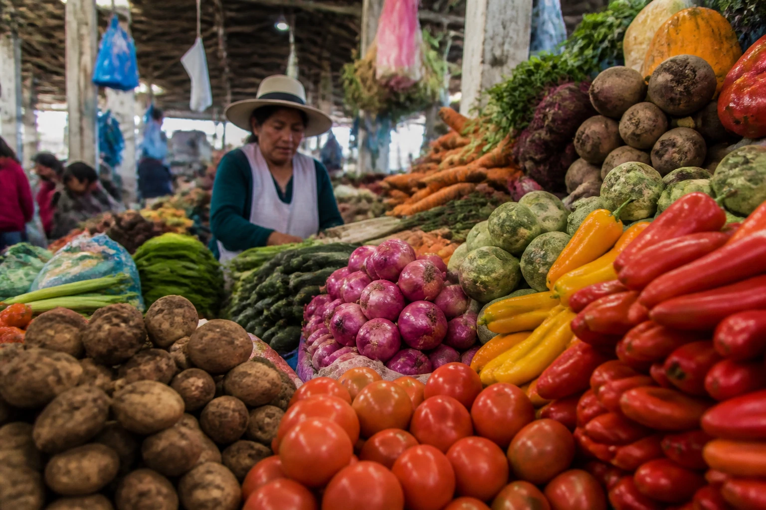 Colorful produce displayed at a Cusco market stall