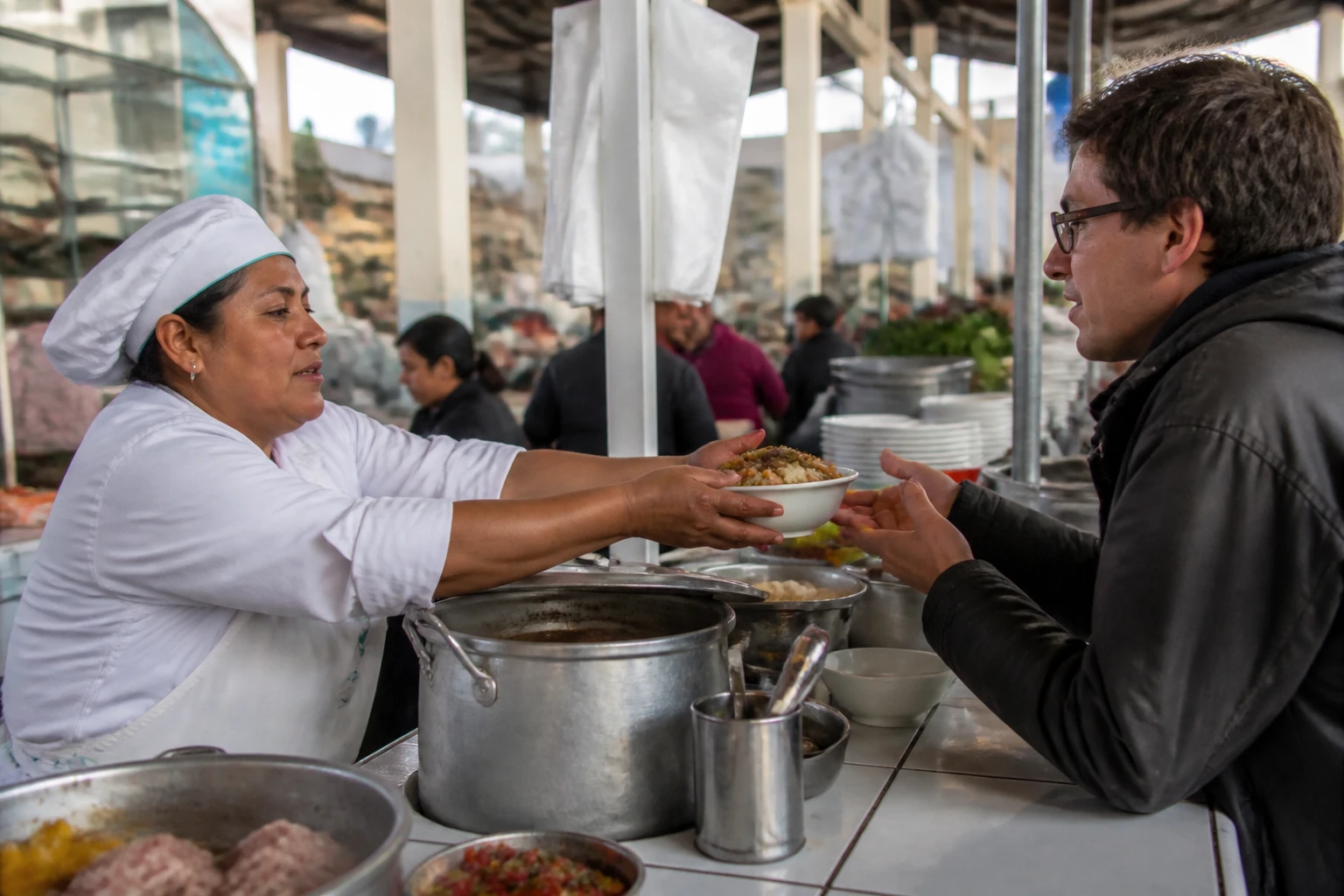 Hot food served at a market counter in Cusco