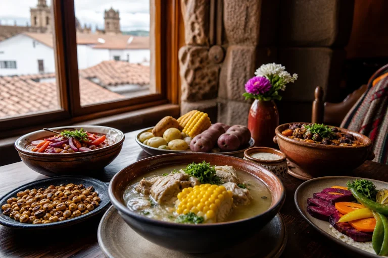 Andean dishes served on a restaurant table in Cusco