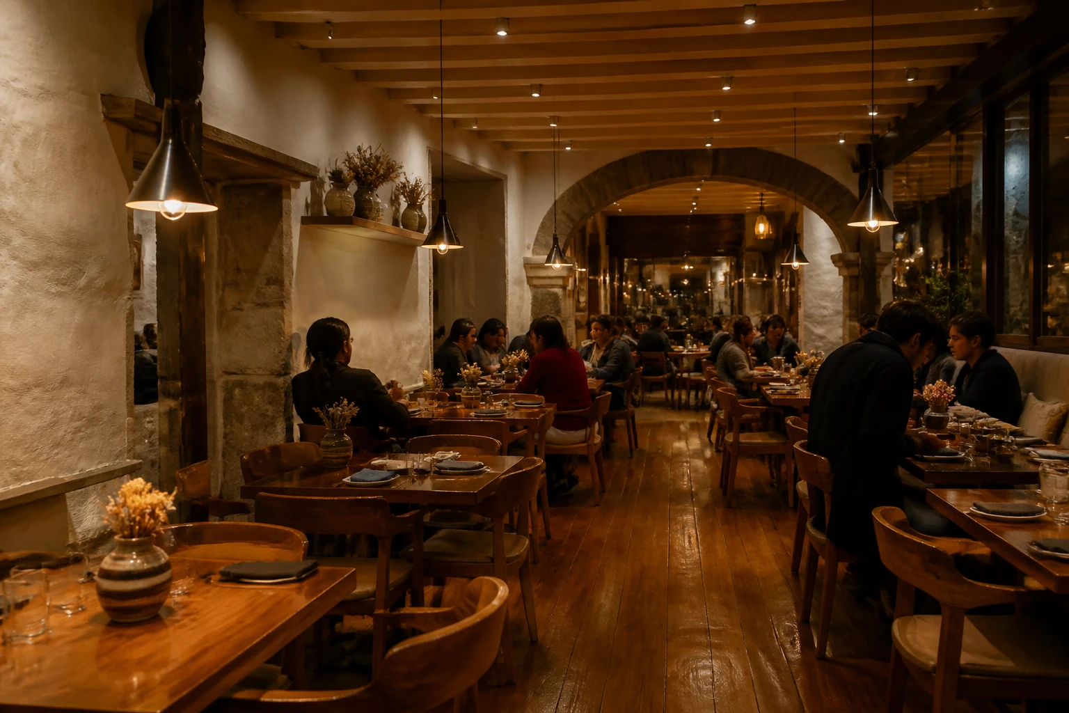 Warmly lit contemporary restaurant dining room in central Cusco