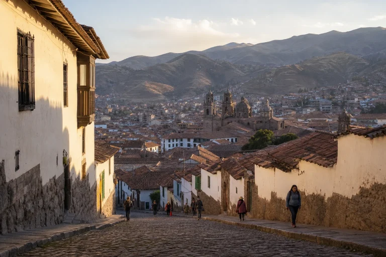 Historic rooftops and stone streets in central Cusco